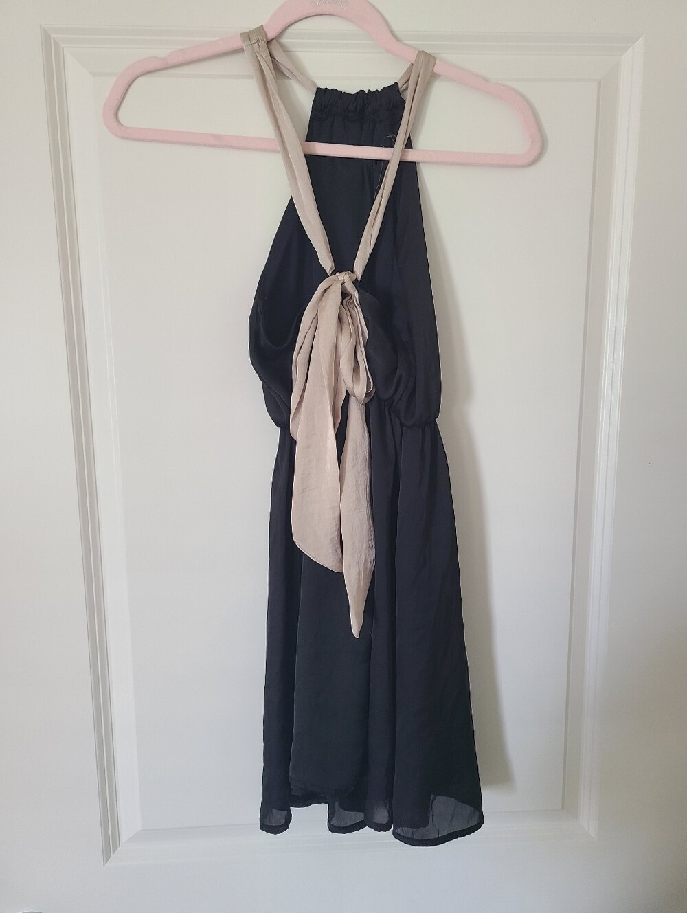 Black Halter Dress with Beige Tie-Back